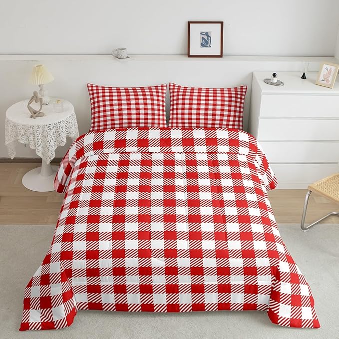 Manfei Red Plaid Bedding Set Queen Size Buffalo Check Plaid Comforter Classic Gingham Pattern Comforter Set Red White Grid Duvet Set 3Pcs Quilt Set 1 Comforter Set with 2 Pillowcase
