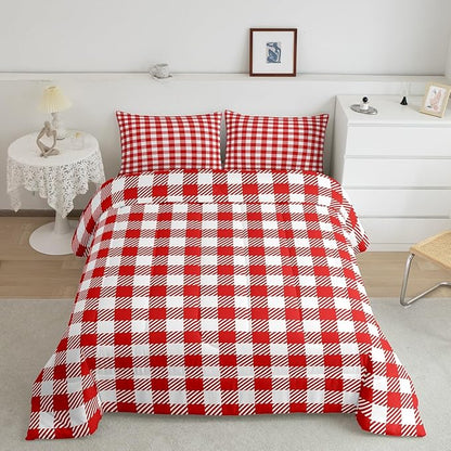 Manfei Red Plaid Bedding Set Queen Size Buffalo Check Plaid Comforter Classic Gingham Pattern Comforter Set Red White Grid Duvet Set 3Pcs Quilt Set 1 Comforter Set with 2 Pillowcase