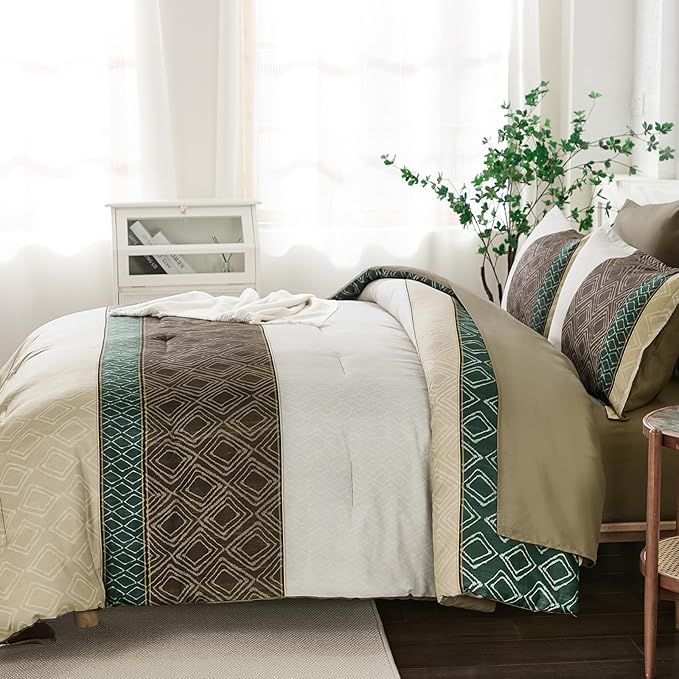 Dinjoy Khaki Brown King Size Comforter Set,Striped Bed in a Bag King Boho 7 Pieces Soft Microfiber Fall Bedding Comforters Sets Bed Lightweight Taupe Complete Set for All Season