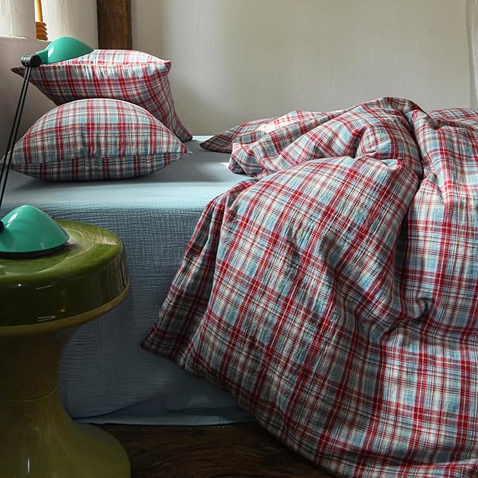 EAVD Vintage Style Red&Blue Gingham Duvet Cover Queen Soft 100% Cotton Muslin Yarn-Dyed Textured Retro Grid Plaid Bedding Set Reversible British-Style Gingham Bedding Set with Zipper Closure