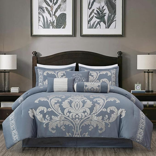 Chezmoi Collection Royale 7-Piece Jacquard Floral Comforter Set, King, Grayish Blue/Gray