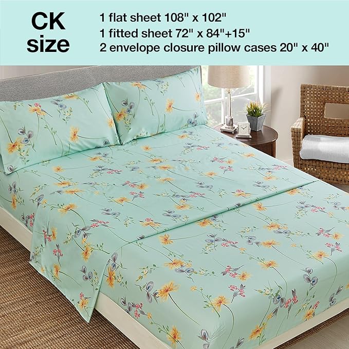 JSD Green Floral Printed Sheet Set Cal King, 4 Piece Soft Botanical Microfiber Sheets Extra Deep Pocket