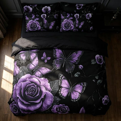 Vintage Floral Comforter Set Queen Size, Black Black Red Floral Bedding Set for Gothic Bedroom Decor, 3 Pieces Soft Microfiber Lightweight Comforter Set with 2 Pillowcases, 90"x90"