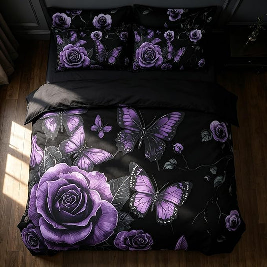 Black Vintage Comforter Set Full Size, Black Red Floral Bedding Set for Gothic Bedroom Decor, 3 Pieces Soft Microfiber Lightweight Comforter Set with 2 Pillowcases, 79"x90"