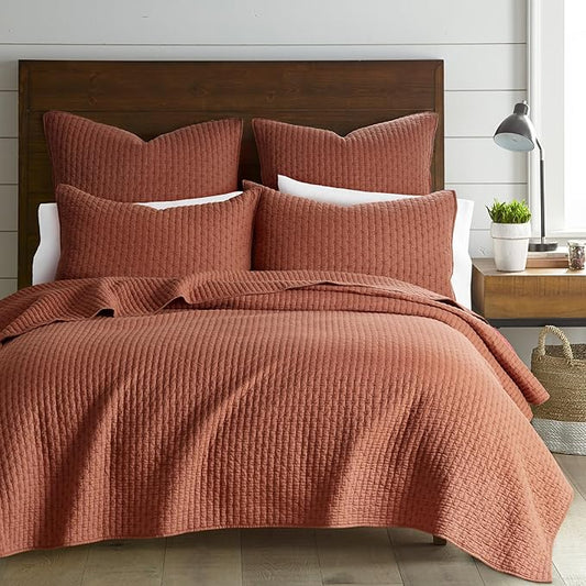 Levtex Home Cross Stitch Reversible Full/Queen Quilt Set (88x92in) with 2 Pillow Shams (26x20in) - Stitch Texture - Adobe - Cotton Full/Queen Size Quilt Bedding Set - Lightweight, Soft, Pre-Washed