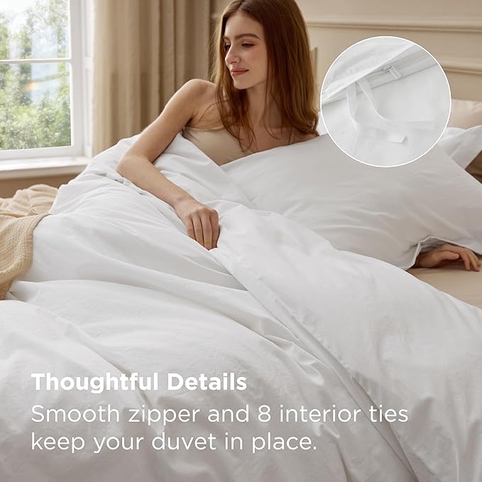 Bedsure 100% Washed Cotton Duvet Cover Twin Size - Natural White Minimalist Bedding Set Linen Like - PureWoven Plain Simple & Soft Comforter Cover for All Seasons (Natural White, Twin, 68"x90")