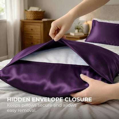 Pure Bedding Satin Pillowcase - Silky Pillow Cases for Hair and Skin - Satin Pillow Covers with Envelope Closure - Extra Soft Premium Microfiber - Pack of 2 - Queen Size (20"x30", Purple)
