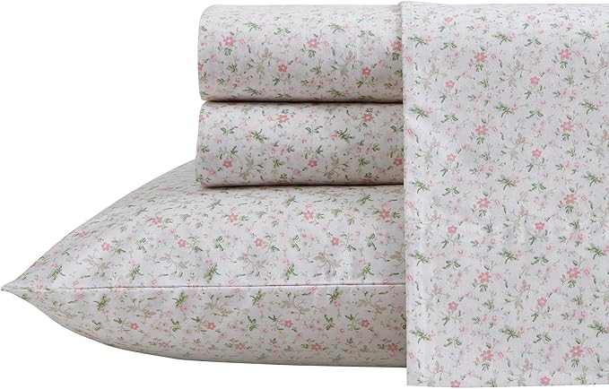 Laura Ashley - King Sheets, Cotton Percale Bedding Set, Lightweight & Breathable Home Decor (Evie Pink, King)