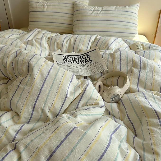 EAVD Retro Striped Duvet Cover Set Twin Size 100% Cotton Chic Stripes Printed Bedding Set with 2 Pillowcases Vintage Geometric Pattern Duvet Cover with Zipper Closure(Yellow&Purple&Blue, Twin)
