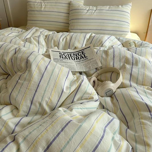 EAVD Vintage Colorful Striped Comforter Set Full Soft Cotton 3-Piece Retro Vertical Striped Bedding Set with 2 Pillowcases Boho Geometric Comforter Set for All-Season(Purple&Yellow&Blue, Full)