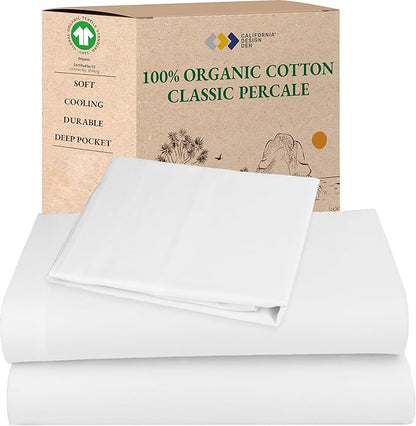 California Design Den Twin XL Sheets Set - Soft 100% Organic Cotton Sheets with Deep Pockets, Crisp Percale, Breathable and Durable Bedding Set for Dorms, Hospitals - White