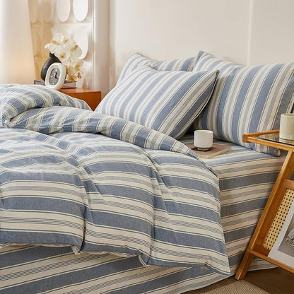 Blue Striped Duvet Cover Set Twin XL, 100% Washed Cotton Chic Stripes Pattern Printed Bedding Set, 3 Pieces Soft Breathable Duvet Cover Farmhouse Retro Striped Comforter Cover with Zipper Closure