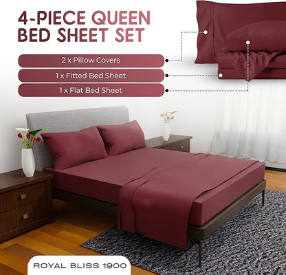 Royal Bliss Double Brushed Queen Sheet Set - 4 Piece Bedding, Deep Pocket, Burgundy