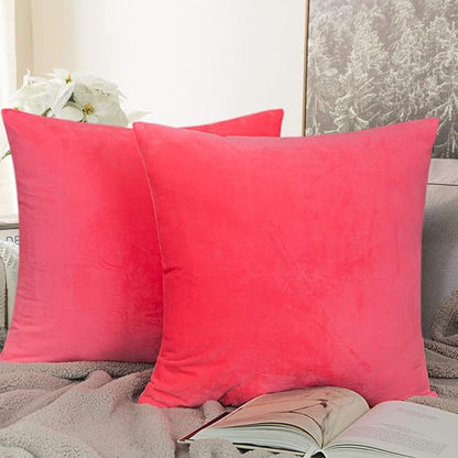 NTBAY Zippered Velvet Square Throw Pillow Covers, 2 Pack Soft and Luxury Decorative Cushion Cases, 18x18 Inches, Hot Pink