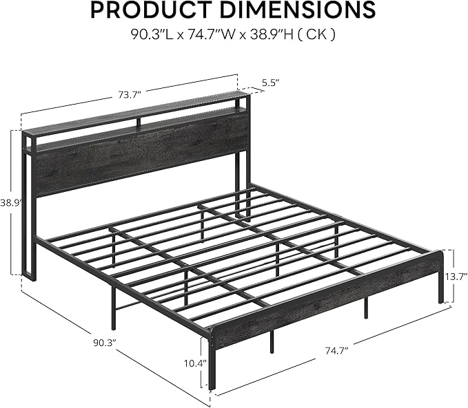 LIKIMIO California King Bed Frame with Headboard, Dark Wood Camas California King with Strong Supports, Sturdy, Noise-Free, No Box Spring Needed, Charcoal Grey