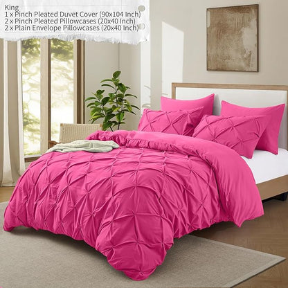 VACVELT 5 Piece Pinch Pleated Duvet Cover King Size Set, No Comforter, Hot Pink Pintuck Duvet Cover with Zipper & 8 Ties, Shabby Chic & Microfiber, 2 Pillow Shams, 2 Pillowcases
