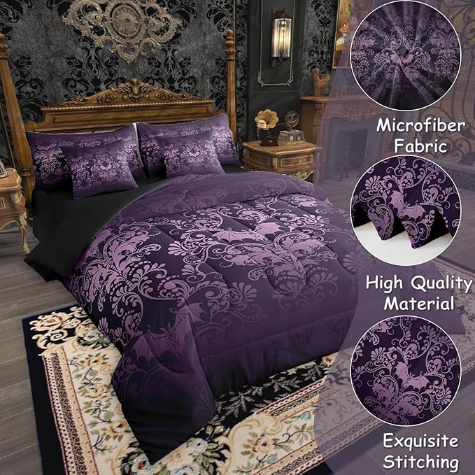Erosebridal Gothic Damask Bed in a Bag Queen Comforter Set 7 Piece,Halloween Bat Bedding Sets Purple Victorian Floral Goth Sheet Set with Comforter