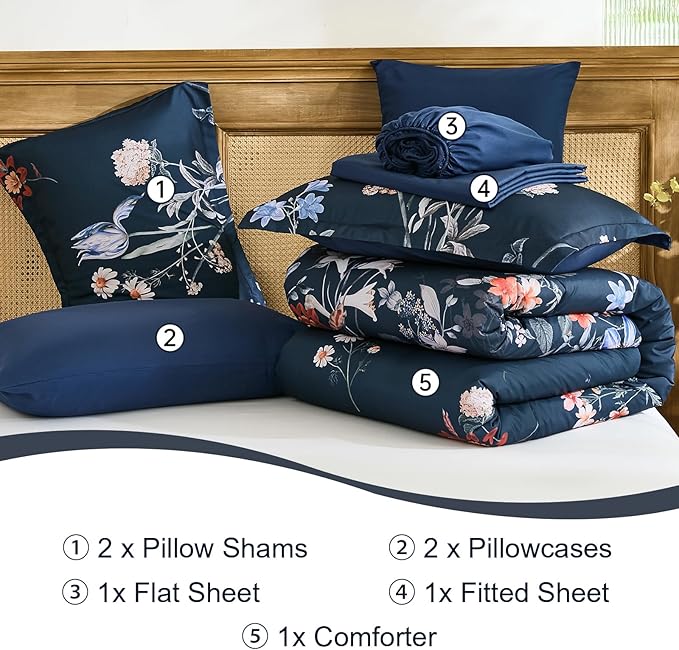 WONGS BEDDING Queen Comforter Set 7 Piece, Navy Blue Floral Bed in a Bag Bedding Set with Botanical Flowers Patterns, Soft Lightweight Complete Comforters with Sheets for All Season