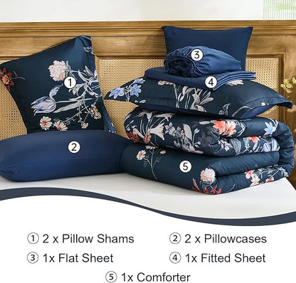 WONGS BEDDING Queen Comforter Set 7 Piece, Navy Blue Floral Bed in a Bag Bedding Set with Botanical Flowers Patterns, Soft Lightweight Complete Comforters with Sheets for All Season