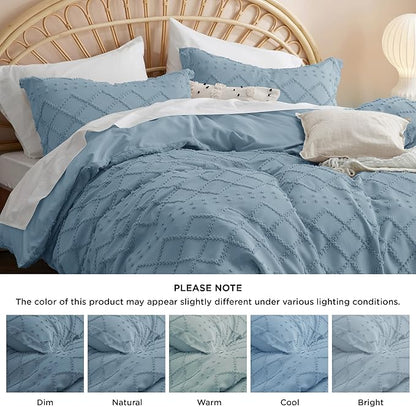 Bedsure Boho Duvet Cover Queen Size, Mineral Blue Breathable & Soft Boho Bedding, Machine Washable Comforter Cover for All Seasons, Includes 1 Duvet Cover 90"x90" with 2 Pillow Shams & Zipper Closure