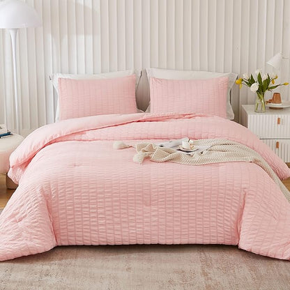 AveLom Blush Pink Seersucker Queen Comforter Set (90x90 inches), 3 Pieces - 100% Soft Washed Microfiber Lightweight Comforter with 2 Pillowcases, All Season Down Alternative Comforter Set for Bedding