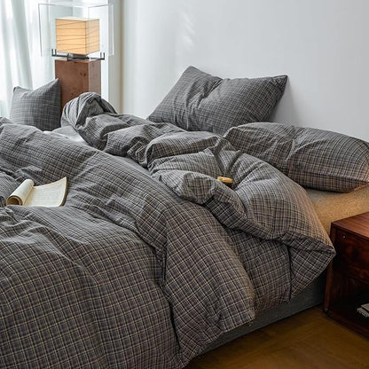 EAVD Vintage Style Grey Plaid Gingham Duvet Cover King 100% Washed Cotton Like Linen Feel Soft Grid Plaid Bedding Set with 2 Pillowcases Farmhouse Grid Geometric Pattern Duvet Cover with Zipper