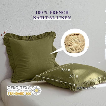 Simple&Opulence 100% Linen Euro Sham Covers with Ruffle, 26x26 Inch Pillow Covers Set of 2, Euro Pillow Shams for Bed Couch French Home Decor Luxury and Breathable Square Pillow Cases, Olive Green