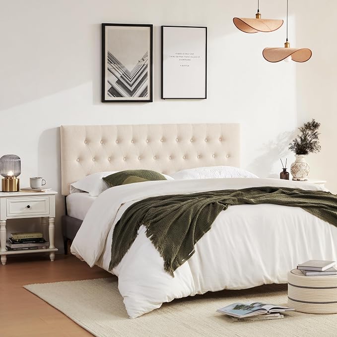 Tufted Upholstered Headboard Queen Size, Adjustable Height 37- 51 in, Beige | Sturdy and Durable Solid Wood Bed Headboard, Fabric Queen Headboard Only, Modern Button Diamond Design Head Board