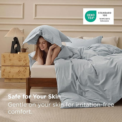 Bedsure 100% Washed Cotton Duvet Cover Full Size - Pastel Blue Minimalist Bedding Set Linen Like - PureWoven Plain Simple & Soft Comforter Cover for All Seasons (Pastel Blue, Full, 80"x90")