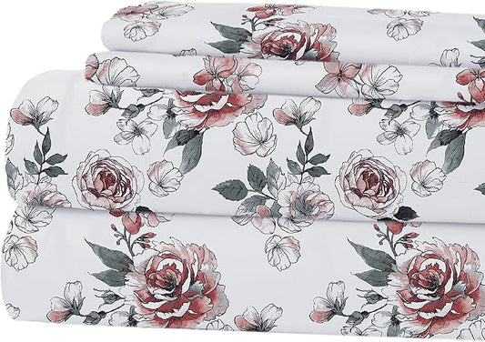 Modern Threads Printed 4-Piece Extra Soft Bedding Sheets & Pillowcase Set, Deep Pocket up to 16 inch Mattress Rose Bloom Queen