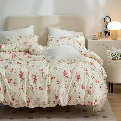 HighBuy Boho Comforter Set Queen Size Beige 3 Pieces Pink Floral Lightweight Comforters Queen Size for Woman Girl Soft Jacquard Queen Comforter for All Seasons