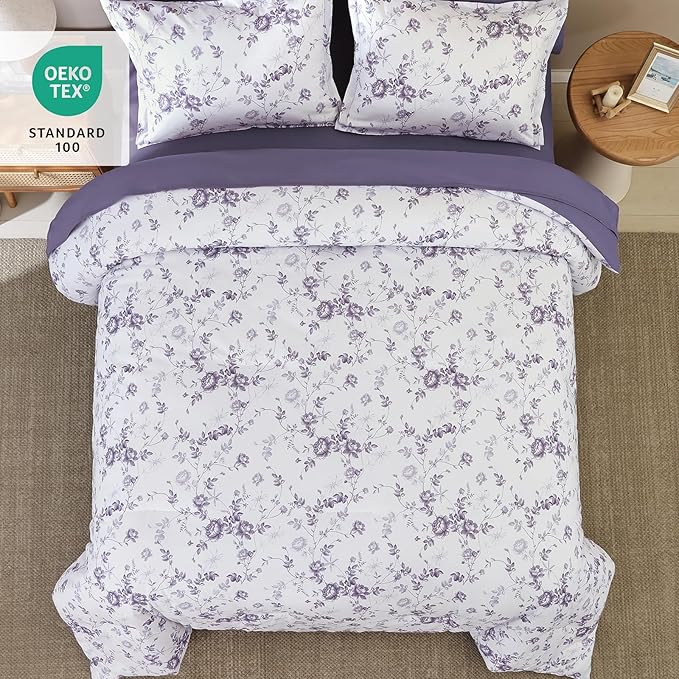 Luxudecor Floral King Comforter Set 7 Pieces Bed in a Bag, Purple Rose Romantic Flower Bed Set, Soft Reversible Comforter with Sheet Set 104"x90"