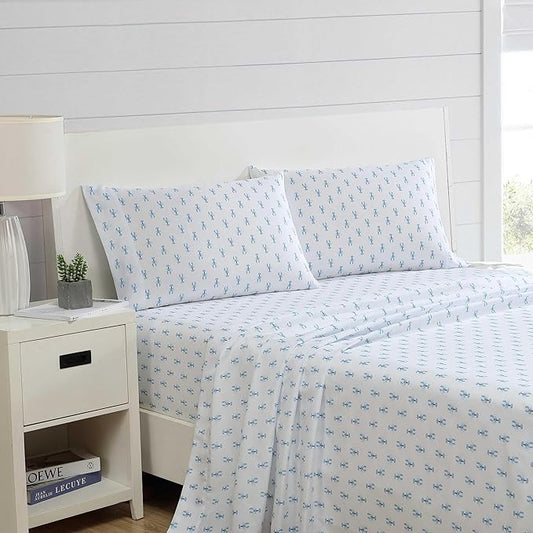 Nautica - Sheet Set, Breathable & Cooling Microfiber Bedding with Matching Pillowcase, Deep Pocket, Fully Elasticized (Nantucket Lobster Ocean Breeze Blue, Twin)