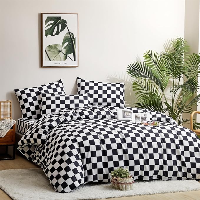 CLOTHKNOW Black White Plaid Comforter Full Size Set Grid Bedding Comforter Sets Soft Checkered Comforter with 2 x Pillow Cases