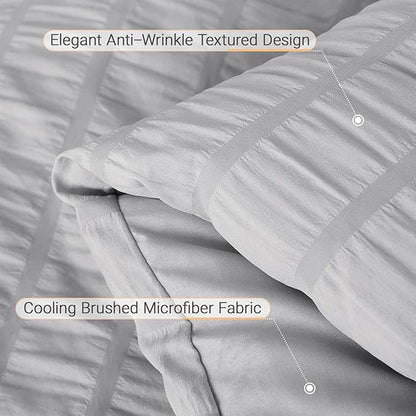 MUXHOMO 7 Pieces Queen Comforter Set, Seersucker Bed in a Bag Queen Size, All Season Luxury Bedding Set with Comforter, Flat Sheet, Fitted Sheet, Pillowcases & Shams, Light Grey