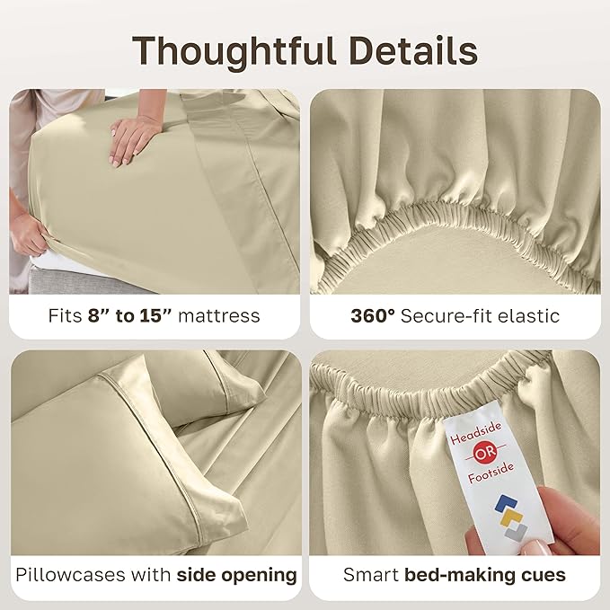 California Design Den Split King Sheets Sets for Adjustable Bed - Soft 400 Thread Count Sateen Natural 100% Cotton Sheets, Deep Pockets, Breathable, & Durable Bedding Set - Beige (Golden Tone)