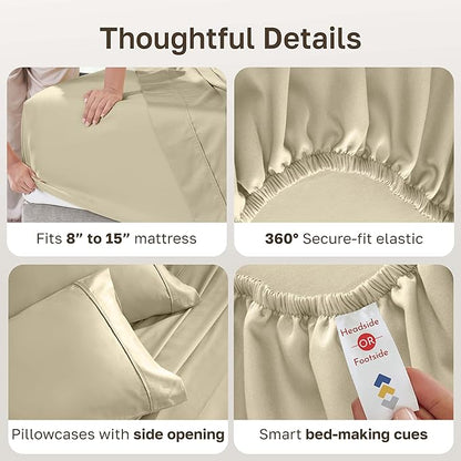 California Design Den Split King Sheets Sets for Adjustable Bed - Soft 400 Thread Count Sateen Natural 100% Cotton Sheets, Deep Pockets, Breathable, & Durable Bedding Set - Beige (Golden Tone)