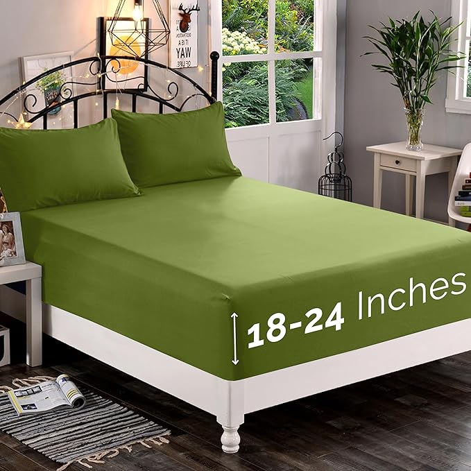 Elegant Comfort 1500 Premium Quality Fitted Sheet Ultra Soft 18-24 Inch Extra Deep Pocket - Single Fitted Sheet for High Mattress - Wrinkle Free with Smart Storage Pockets, King, Sage-Green