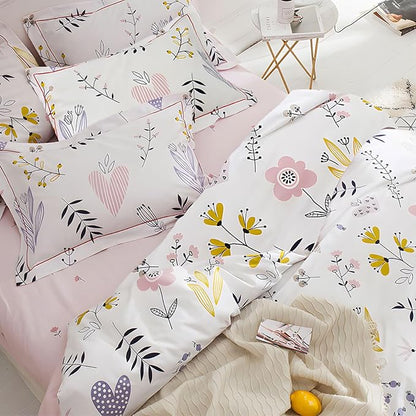 HighBuy Girl Comforter Sets King White Pink Floral Bedding Comforter Set King 3 Piece Flower Comforters Fluffy with 2 Pillowcases,Cottagecore Botanical Bedding Comforter Sets