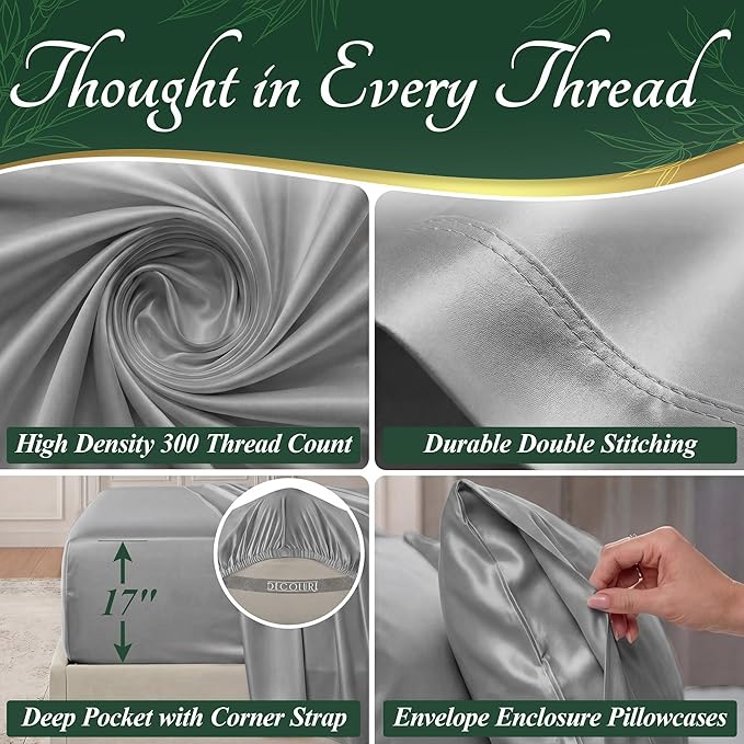 DECOLURE 100% Viscose Derived from Bamboo Sheets Full Size - Luxury 6 Pc Naturally Cooling Sheets, Ultra Soft Bed Set - Deep 17" Pockets, Durable Double Stitching, Oeko Tex Standard (Light Grey)