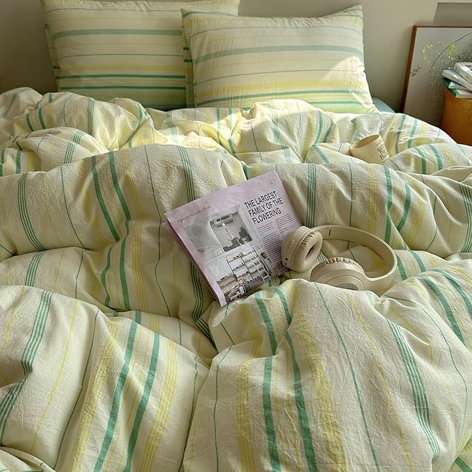 EAVD Vintage Striped Comforter Set Twin XL Soft Cotton 3-Piece Boho Bedding Set with 2 Pillowcases Retro Yellow-Green Vertical Stripes Geometric Comforter Set for All-Season