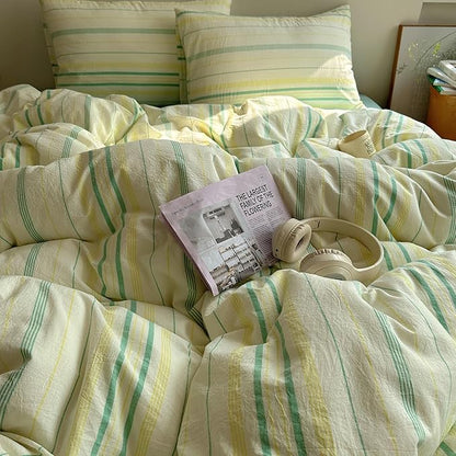 EAVD Vintage Striped Comforter Set Twin XL Soft Cotton 3-Piece Boho Bedding Set with 2 Pillowcases Retro Yellow-Green Vertical Stripes Geometric Comforter Set for All-Season