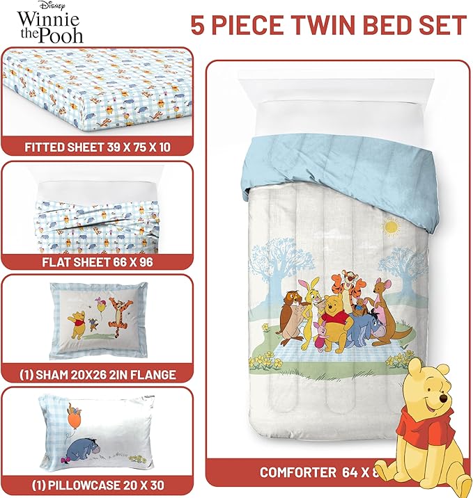 Jay Franco Kids Comforter Set Includes Sheets and Pillow Covers - Soft and Cozy Bed Set for Stylish Room Decor, Official Licensed Bedding, White - Winnie The Pooh, 5 Piece Twin