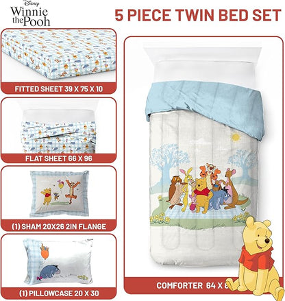 Jay Franco Kids Comforter Set Includes Sheets and Pillow Covers - Soft and Cozy Bed Set for Stylish Room Decor, Official Licensed Bedding, White - Winnie The Pooh, 5 Piece Twin