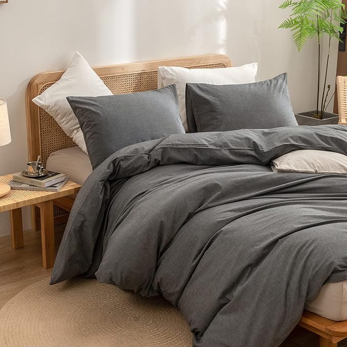 BESTOUCH Duvet Cover Set 100% Washed Cotton Linen Feel Super Soft Comfortable Chic Lightweight 3 PCs Home Bedding Set Solid Dark Grey Oversized King