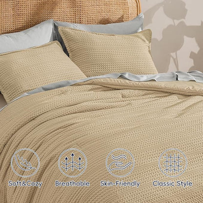 PHF Soft Waffle Comforter Set Queen Size- Comfy Breathable Waffle Weave Comforter with 2 Pillow Shams, 3 Pieces Less Snagging Lightweight Textured Bedding Set for All Season, Light Khaki