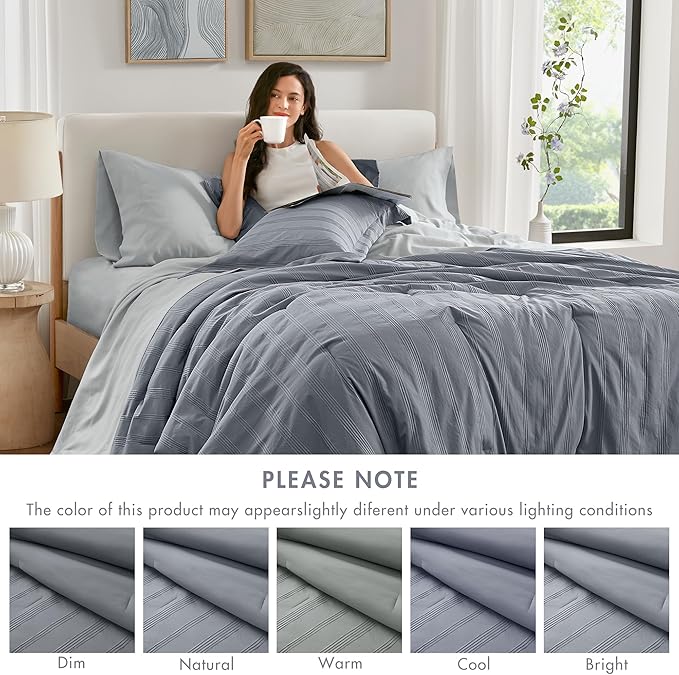 Madison Park Essentials Striped Comforter Set Full, 7 Pieces Modern Minimalist Jacquard Bedding Set for All Season, Bed in A Bag with Sheet Set and Soft Brushed Reverse, Lightweight Blue/Grey