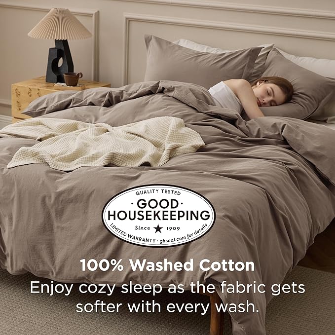 Bedsure 100% Washed Cotton Duvet Cover King Size - Light Brown Minimalist Bedding Set Linen Like - PureWoven Plain Simple & Soft Comforter Cover for All Seasons, 3 Pieces (Light Brown, King, 104"x90")
