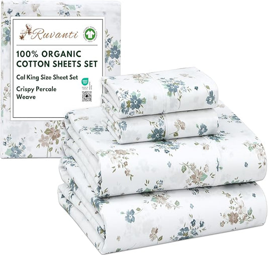 RUVANTI 100% Organic Cotton Sheets California King, Percale Weave, GOTS Certified, 4-Piece Set, Deep Pocket 13", Crisp & Breathable, Soft Durable Bedding, Sábanas Algodón Orgánico – Halcyon