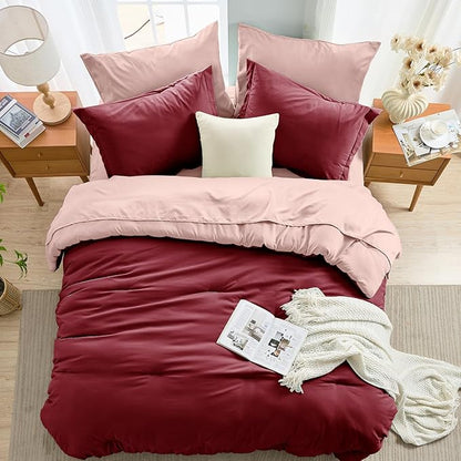 MUXHOMO 7 Pieces Full Comforter Set, Soft Bed in a Bag Full Size, All Season Bedding Set with Comforter, Flat Sheet, Fitted Sheet, Pillowcases & Shams, Burgundy & Rose Gold